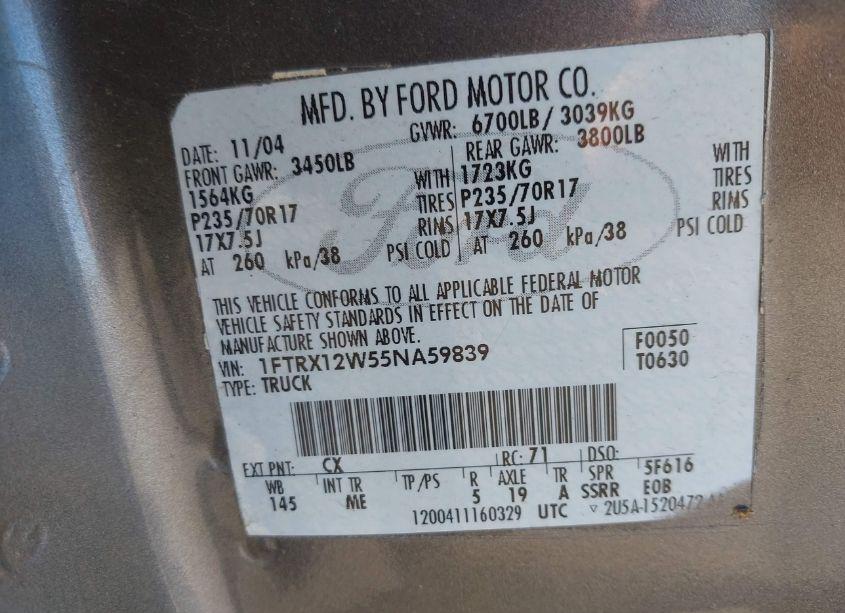 Photo 9 of 2005 Ford F-150 STX/XL/XLT (VIN 1FTRX12W55NA59839)