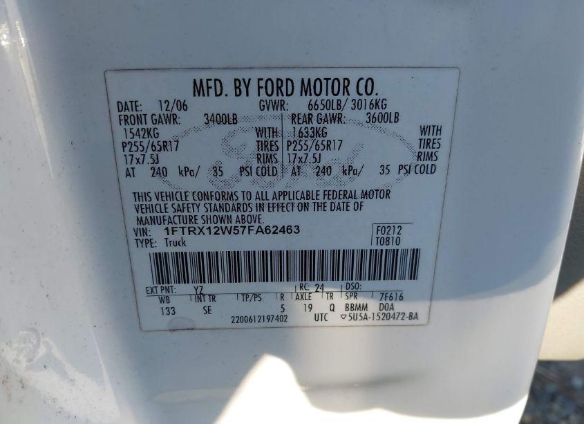 Photo 9 of 2007 Ford F-150 STX/XL/XLT (VIN 1FTRX12W57FA62463)