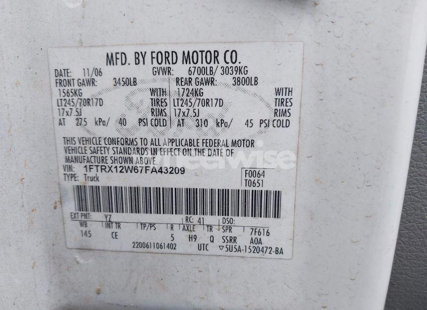 Photo 9 of 2007 Ford F-150 STX/XL/XLT (VIN 1FTRX12W67FA43209)