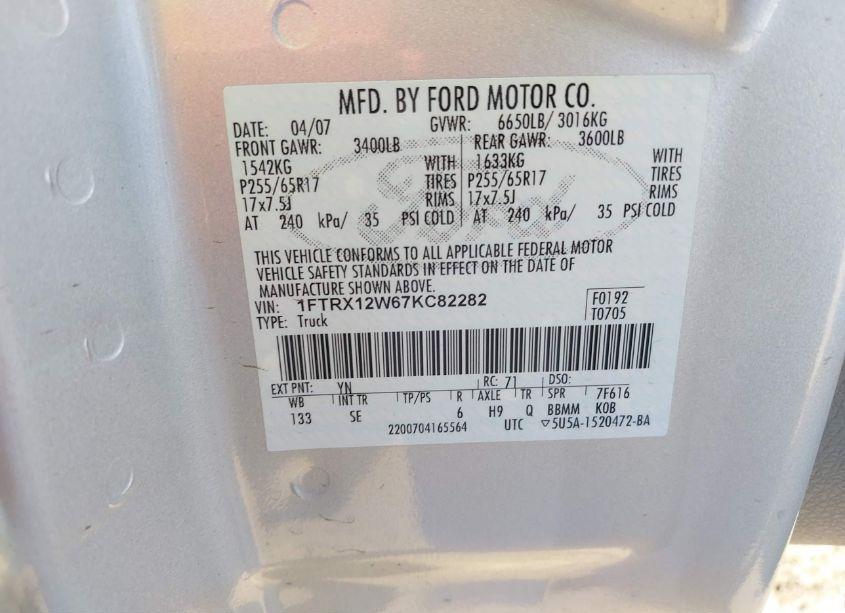 Photo 9 of 2007 Ford F-150 STX/XL/XLT (VIN 1FTRX12W67KC82282)