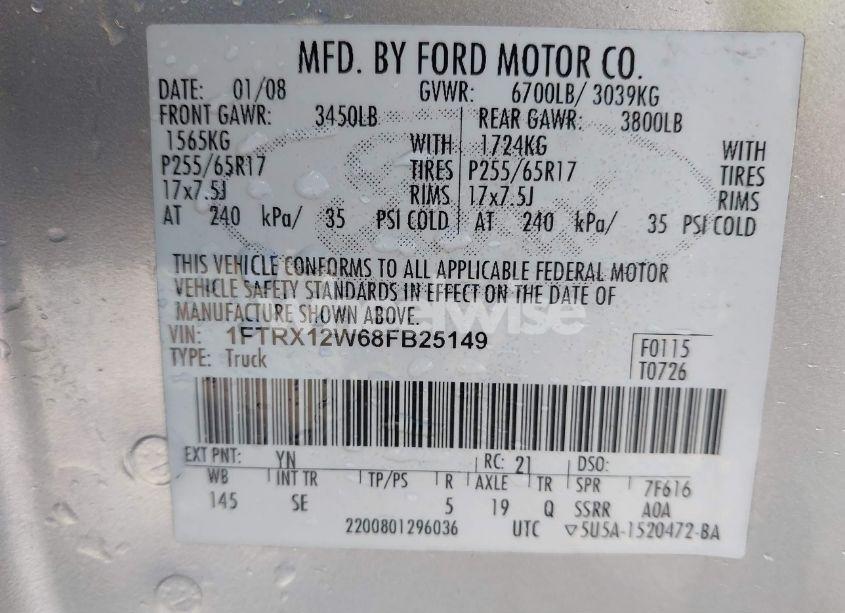 Photo 9 of 2008 Ford F-150 STX/XL/XLT (VIN 1FTRX12W68FB25149)