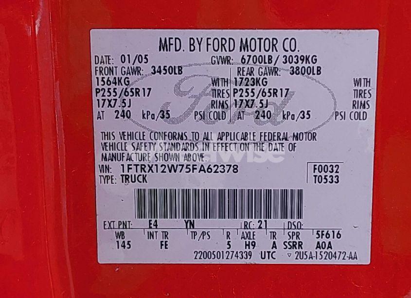 Photo 9 of 2005 Ford F-150 STX/XL/XLT (VIN 1FTRX12W75FA62378)
