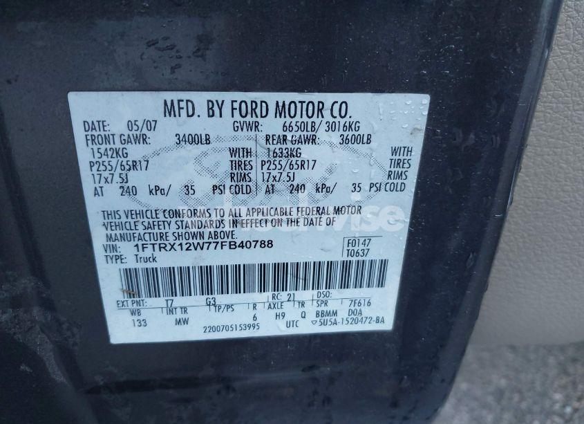 Photo 9 of 2007 Ford F-150 STX/XL/XLT (VIN 1FTRX12W77FB40788)