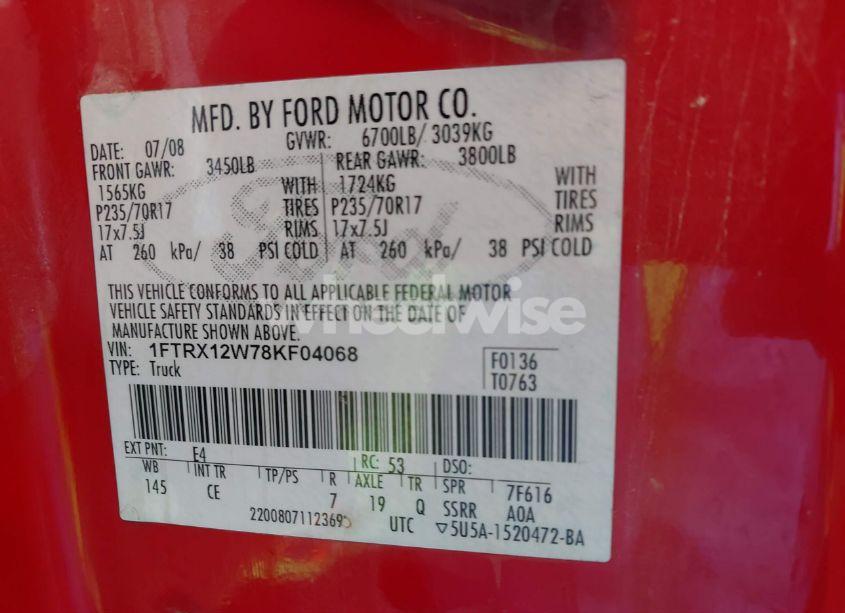 Photo 9 of 2008 Ford F-150 FX2/STX/XL/XLT (VIN 1FTRX12W78KF04068)