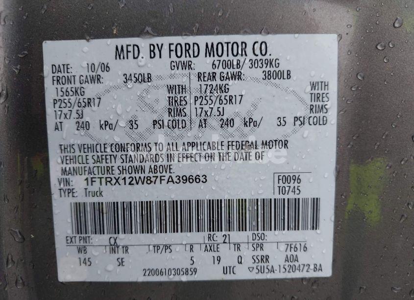 Photo 9 of 2007 Ford F-150 STX/XL/XLT (VIN 1FTRX12W87FA39663)