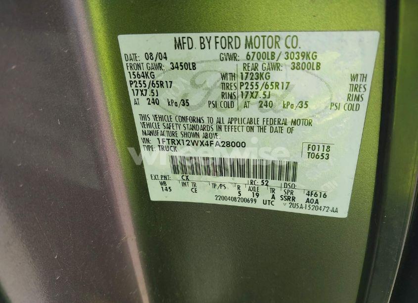 Photo 9 of 2004 Ford F-150 STX/XL/XLT (VIN 1FTRX12WX4FA28000)