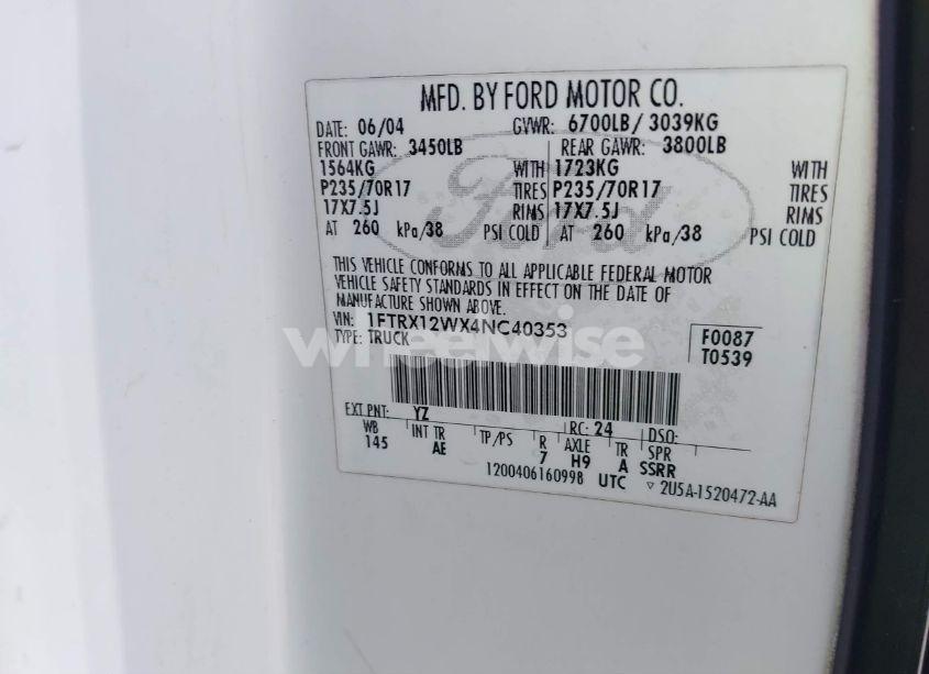 Photo 9 of 2004 Ford F-150 STX/XL/XLT (VIN 1FTRX12WX4NC40353)