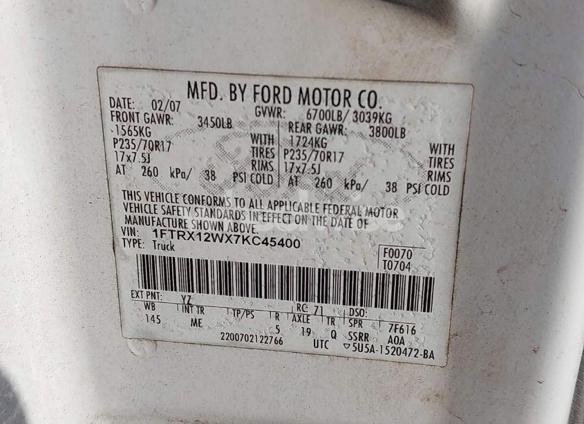 Photo 9 of 2007 Ford F-150 STX/XL/XLT (VIN 1FTRX12WX7KC45400)