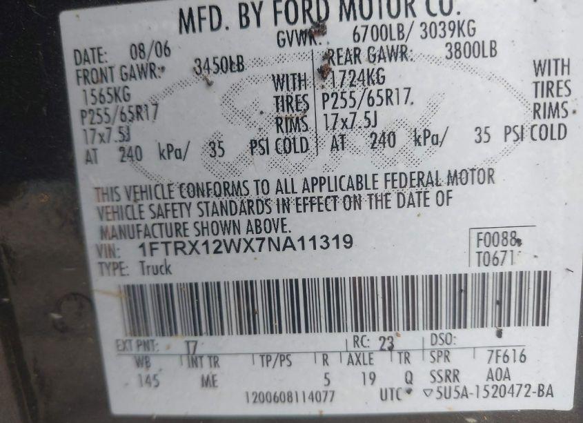 Photo 9 of 2007 Ford F-150 STX/XL/XLT (VIN 1FTRX12WX7NA11319)