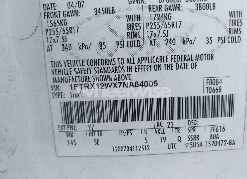 Photo 9 of 2007 Ford F-150 STX/XL/XLT (VIN 1FTRX12WX7NA64005)