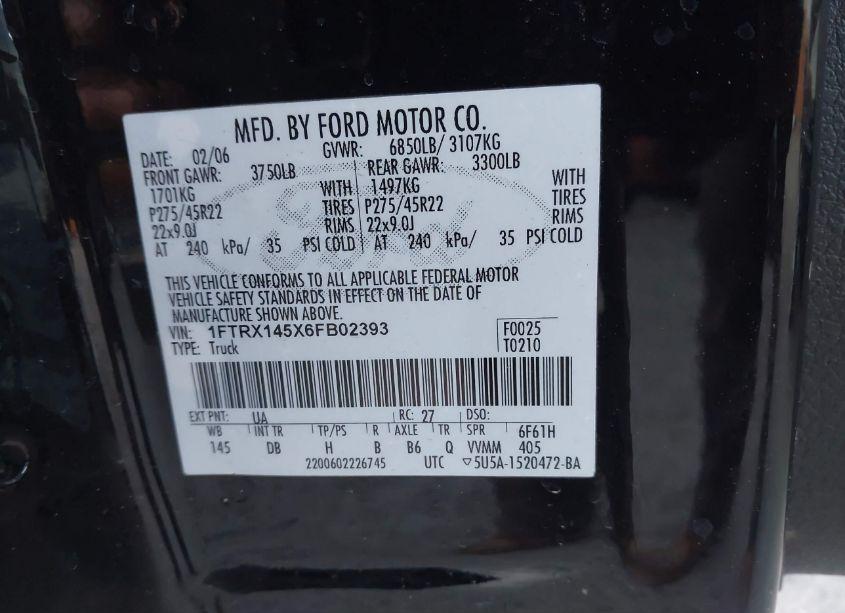 Photo 9 of 2006 Ford F-150 FX4/LARIAT/XL/XLT (VIN 1FTRX145X6FB02393)