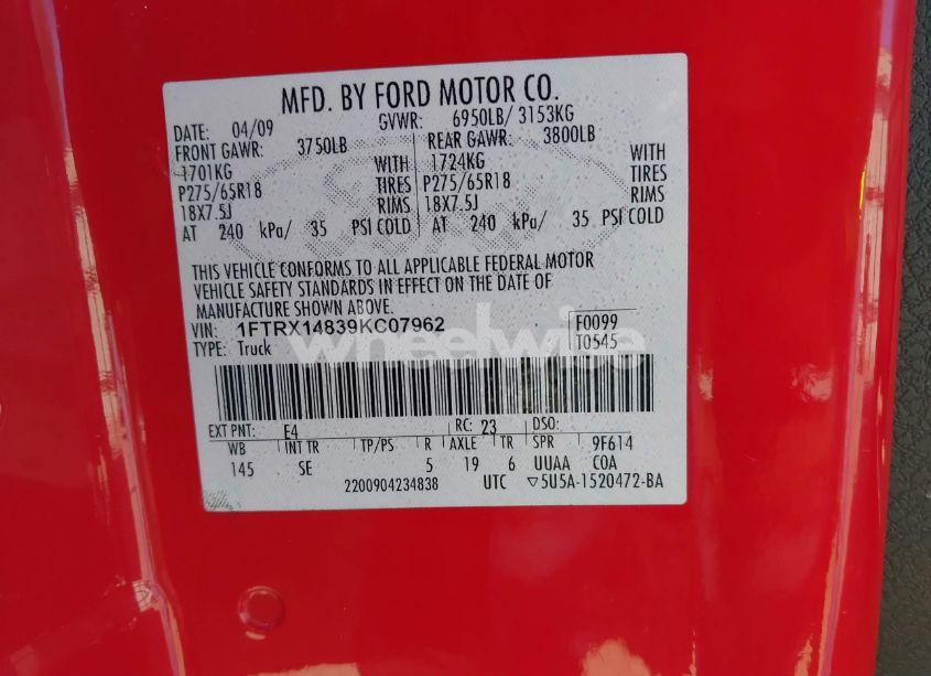 Photo 9 of 2009 Ford F-150 STX/XL/XLT (VIN 1FTRX14839KC07962)