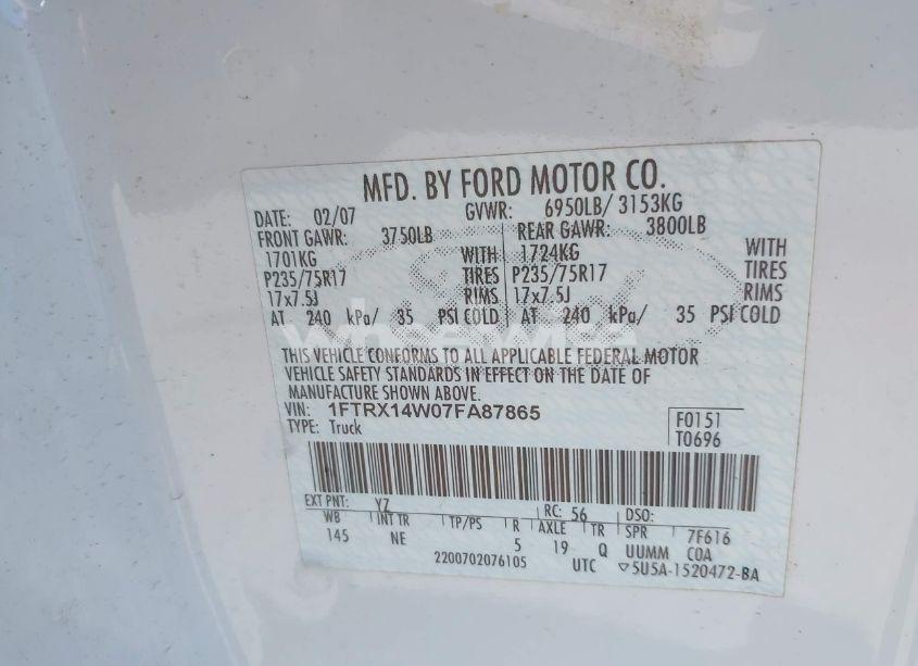 Photo 9 of 2007 Ford F-150 FX4/STX/XL/XLT (VIN 1FTRX14W07FA87865)