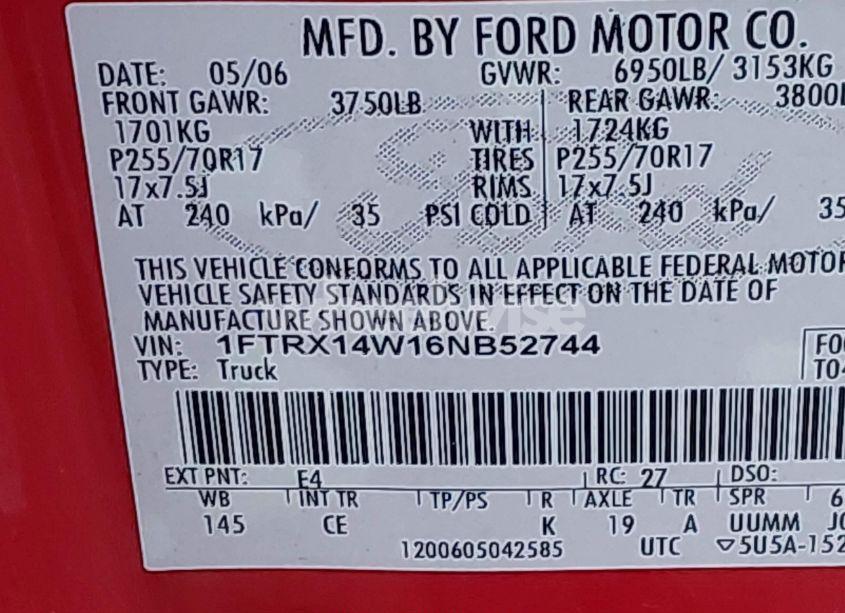 Photo 9 of 2006 Ford F-150 STX/XL/XLT (VIN 1FTRX14W16NB52744)