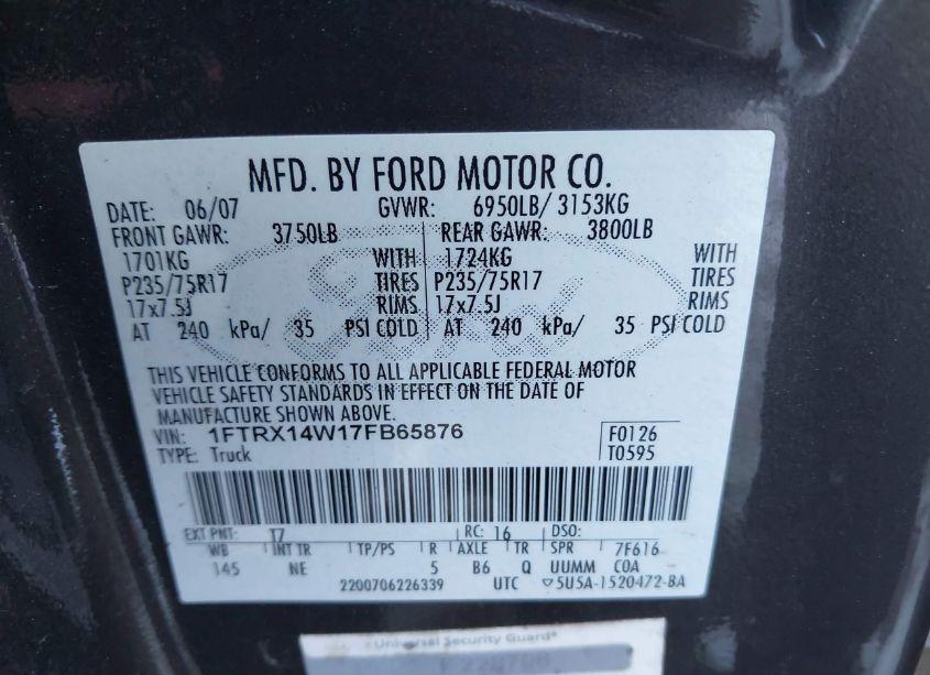 Photo 9 of 2007 Ford F-150 FX4/STX/XL/XLT (VIN 1FTRX14W17FB65876)