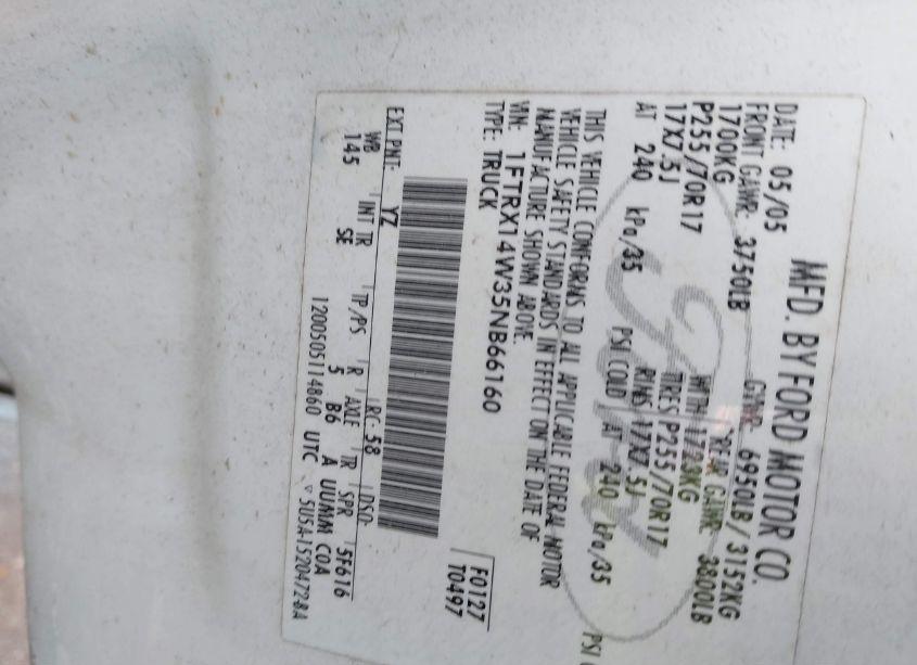 Photo 9 of 2005 Ford F-150 STX/XL/XLT (VIN 1FTRX14W35NB66160)