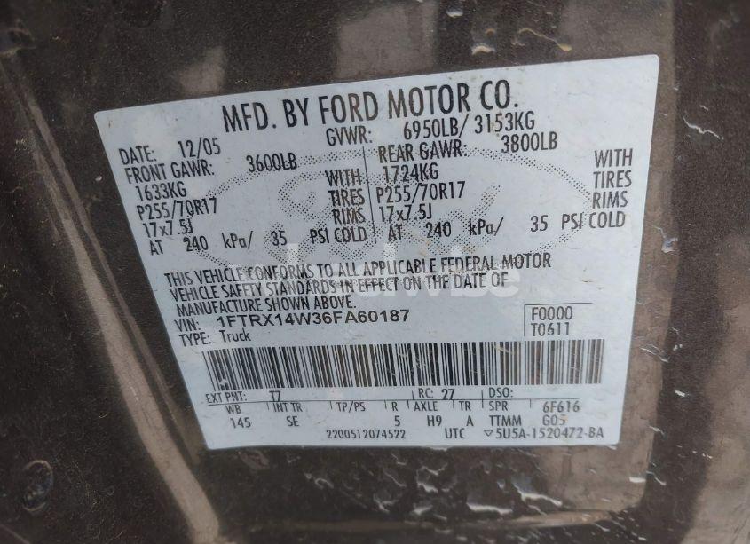 Photo 9 of 2006 Ford F-150 STX/XL/XLT (VIN 1FTRX14W36FA60187)