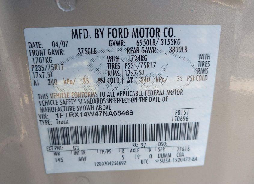 Photo 9 of 2007 Ford F-150 FX4/STX/XL/XLT (VIN 1FTRX14W47NA68466)