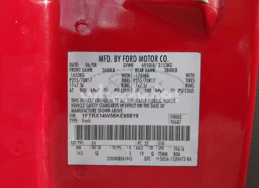 Photo 9 of 2008 Ford F-150 STX/XL/XLT (VIN 1FTRX14W58KE95819)