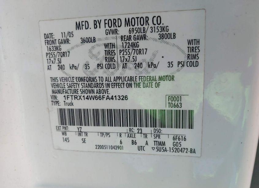 Photo 9 of 2006 Ford F-150 STX/XL/XLT (VIN 1FTRX14W66FA41326)