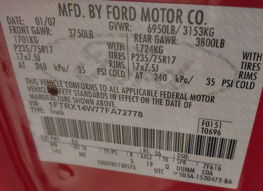 Photo 9 of 2007 Ford F-150 FX4/STX/XL/XLT (VIN 1FTRX14W77FA72778)