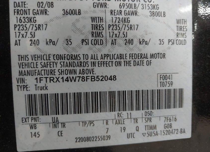 Photo 9 of 2008 Ford F-150 STX/XL/XLT (VIN 1FTRX14W78FB52048)