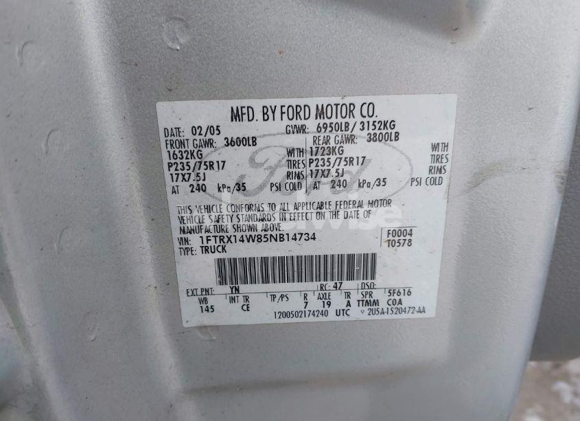 Photo 9 of 2005 Ford F-150 STX/XL/XLT (VIN 1FTRX14W85NB14734)