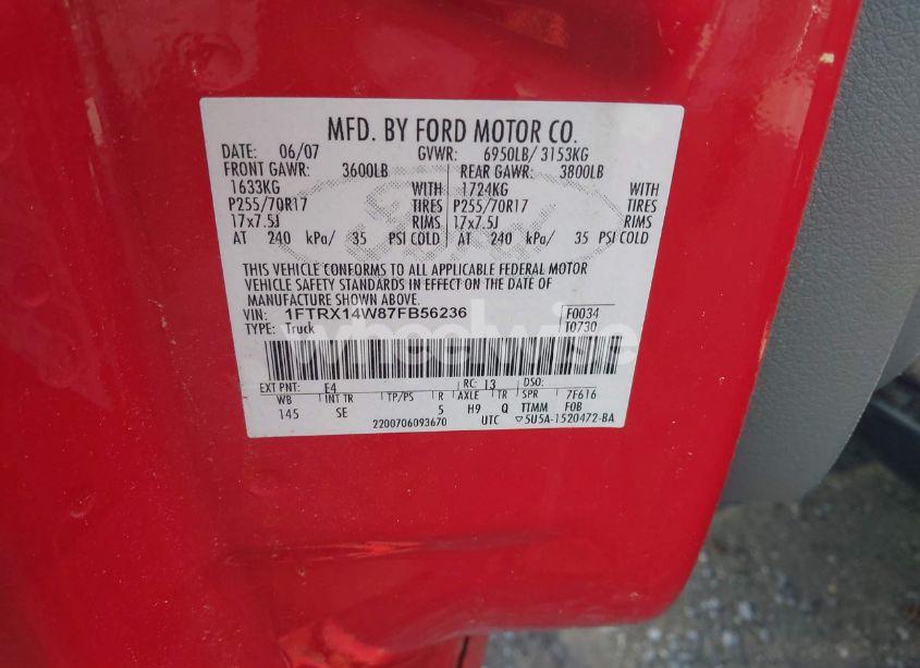 Photo 9 of 2007 Ford F-150 FX4/STX/XL/XLT (VIN 1FTRX14W87FB56236)