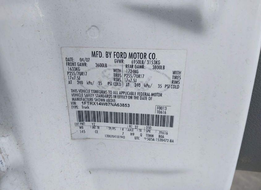 Photo 9 of 2007 Ford F-150 FX4/STX/XL/XLT (VIN 1FTRX14W87NA63853)