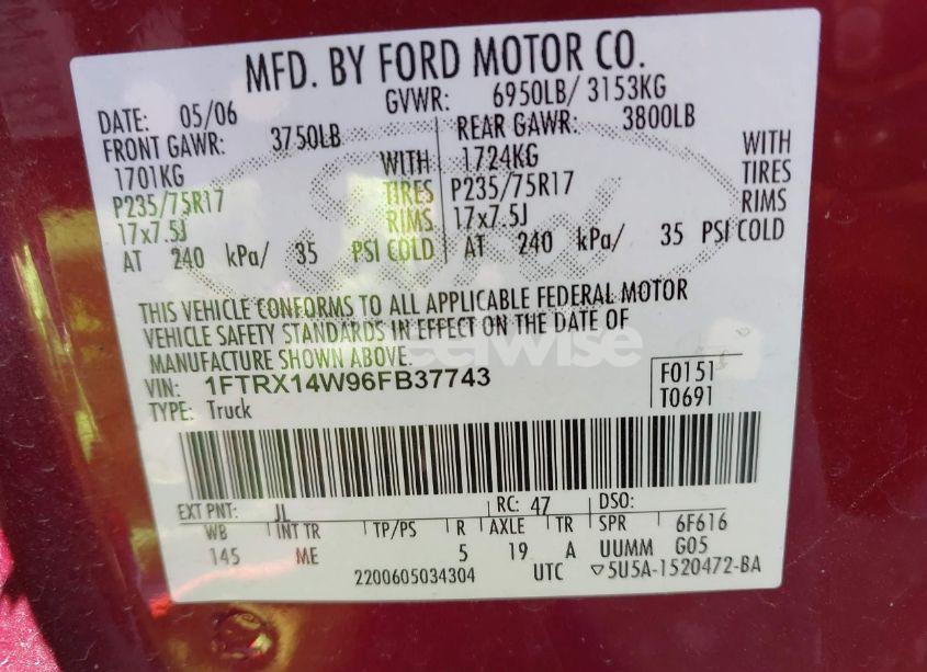 Photo 9 of 2006 Ford F-150 STX/XL/XLT (VIN 1FTRX14W96FB37743)