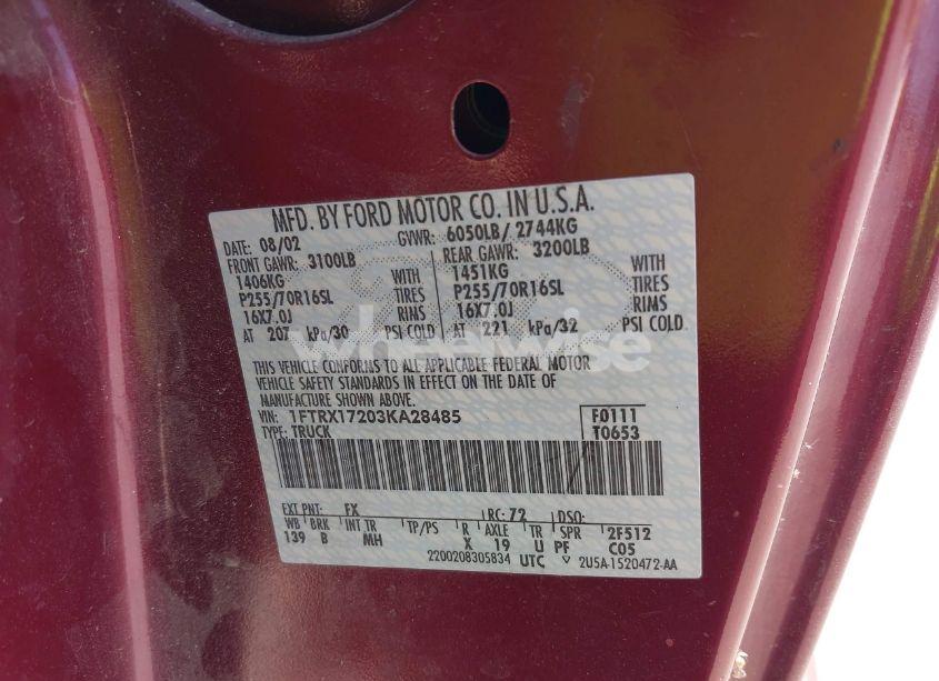 Photo 9 of 2003 Ford F-150 XL/XLT (VIN 1FTRX17203KA28485)