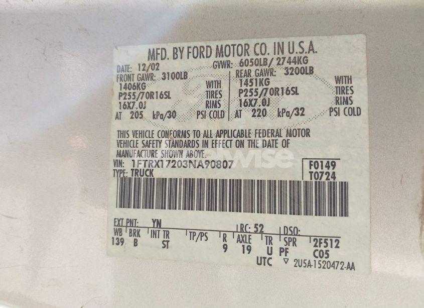 Photo 9 of 2003 Ford F-150 XL/XLT/XLT HERITAGE (VIN 1FTRX17203NA90807)