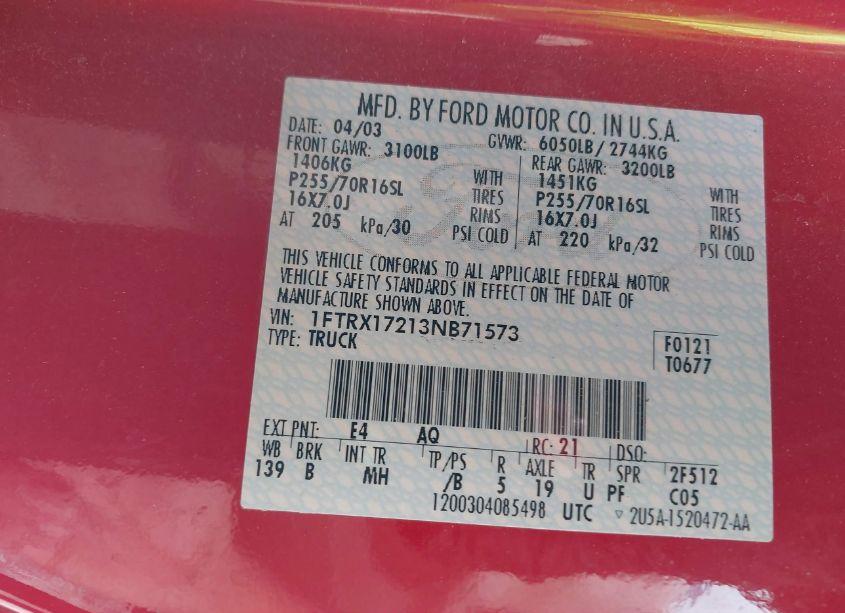 Photo 9 of 2003 Ford F-150 XL/XLT (VIN 1FTRX17213NB71573)