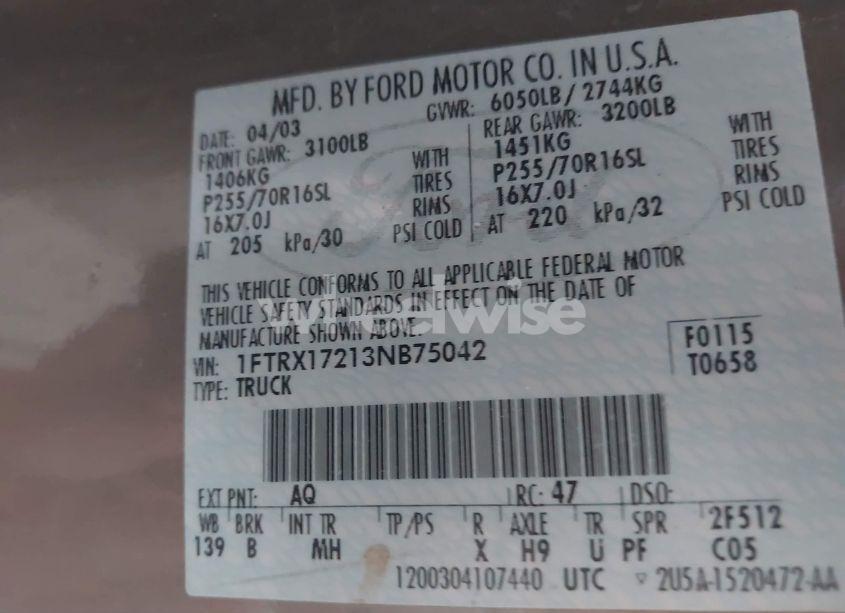 Photo 9 of 2003 Ford F-150 XL/XLT/XLT HERITAGE (VIN 1FTRX17213NB75042)