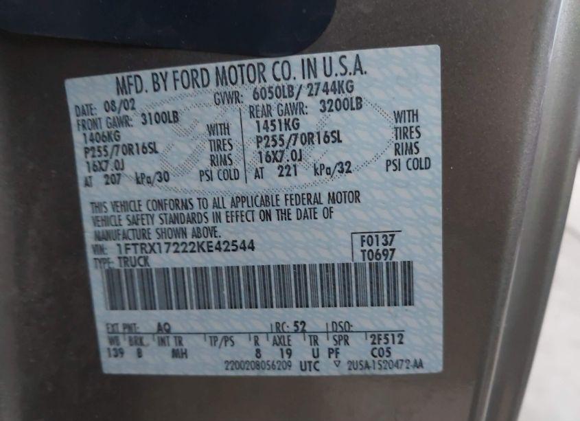 Photo 9 of 2002 Ford F-150 XL/XLT (VIN 1FTRX17222KE42544)