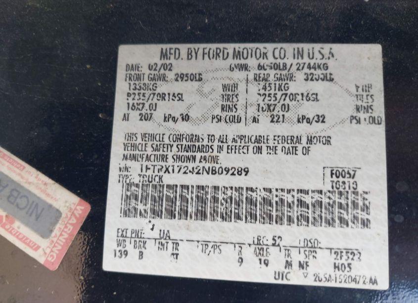 Photo 9 of 2002 Ford F-150 XL/XLT (VIN 1FTRX17242NB09289)