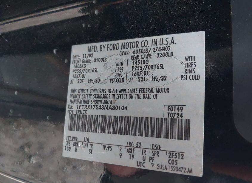 Photo 9 of 2003 Ford F-150 XL/XLT/XLT HERITAGE (VIN 1FTRX17243NA80104)