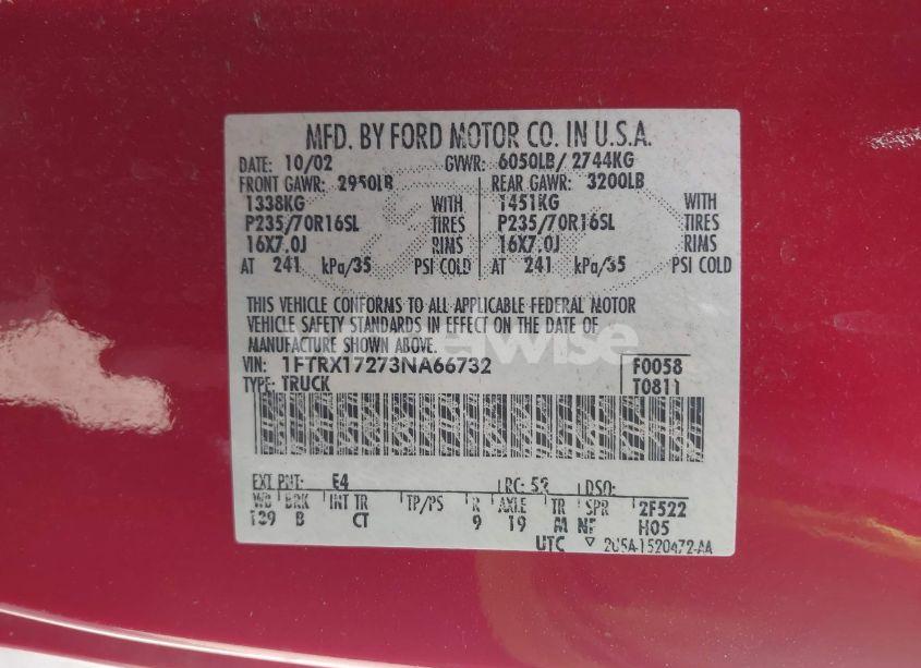 Photo 9 of 2003 Ford F-150 XL/XLT (VIN 1FTRX17273NA66732)