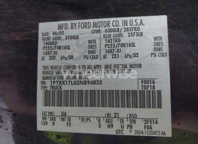 Photo 9 of 2002 Ford F-150 LARIAT/XL/XLT (VIN 1FTRX17L02NB94835)