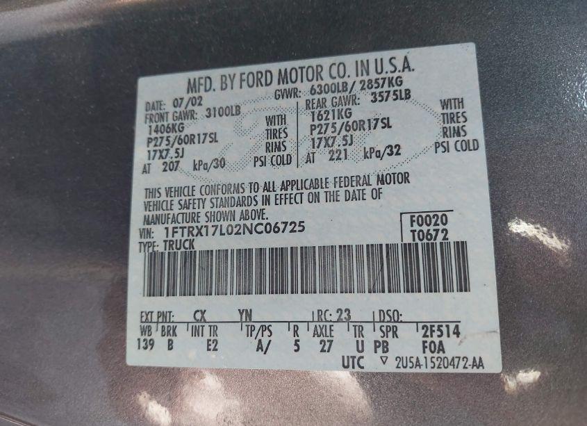 Photo 9 of 2002 Ford F-150 LARIAT/XL/XLT (VIN 1FTRX17L02NC06725)