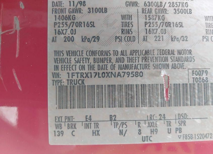 Photo 9 of 1999 Ford F-150 LARIAT/XL/XLT (VIN 1FTRX17L0XNA79580)