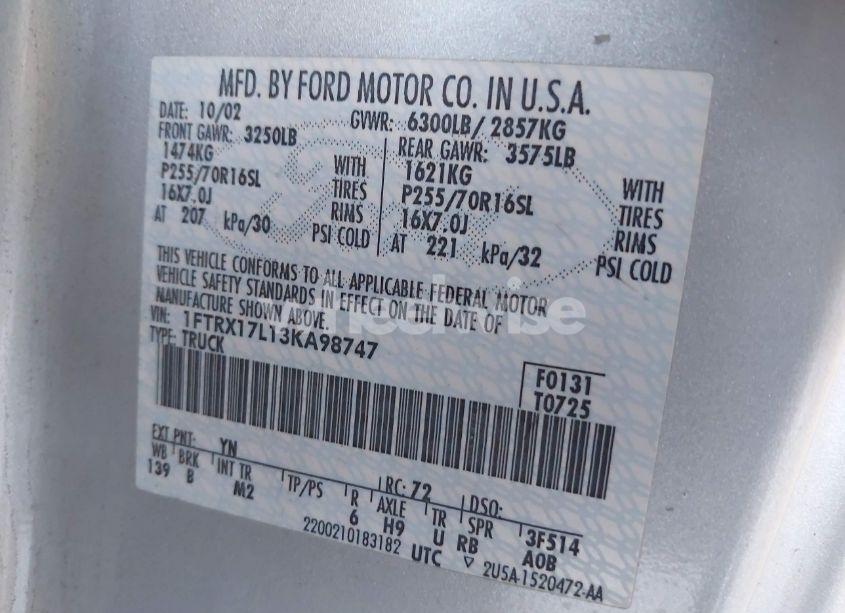 Photo 9 of 2003 Ford F-150 LARIAT/XL/XLT (VIN 1FTRX17L13KA98747)