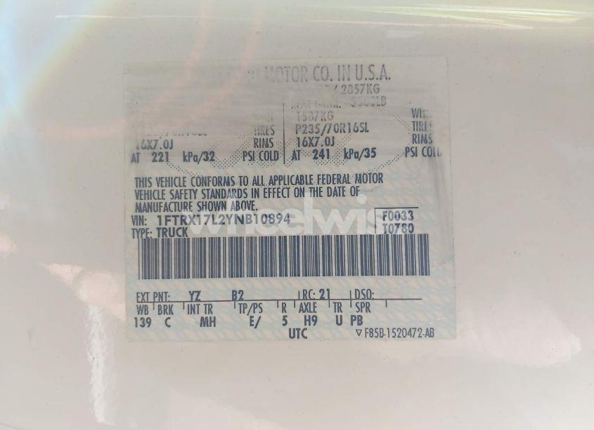 Photo 9 of 2000 Ford F-150 LARIAT/WORK SERIES/XL/XLT (VIN 1FTRX17L2YNB10894)