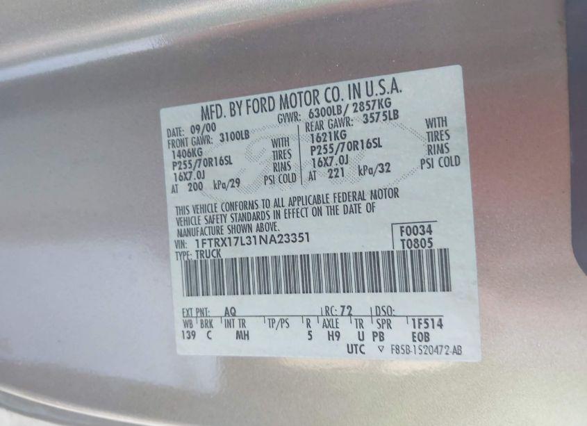 Photo 9 of 2001 Ford F-150 LARIAT/XL/XLT (VIN 1FTRX17L31NA23351)