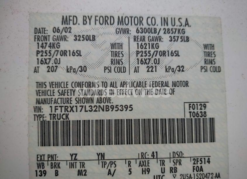 Photo 9 of 2002 Ford F-150 LARIAT/XL/XLT (VIN 1FTRX17L32NB95395)