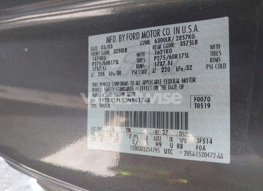 Photo 9 of 2003 Ford F-150 LARIAT/XL/XLT (VIN 1FTRX17L33NB61748)