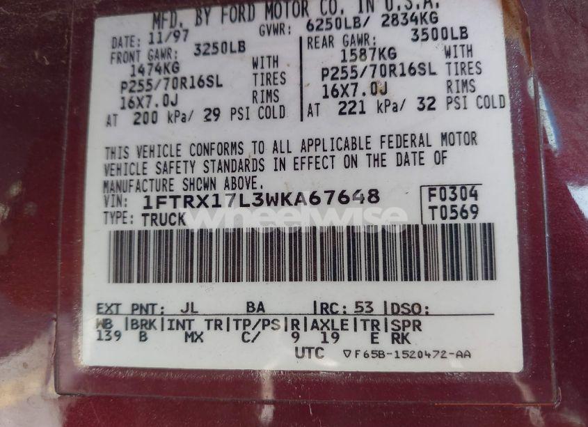 Photo 9 of 1998 Ford F-150 LARIAT/XL/XLT (VIN 1FTRX17L3WKA67648)