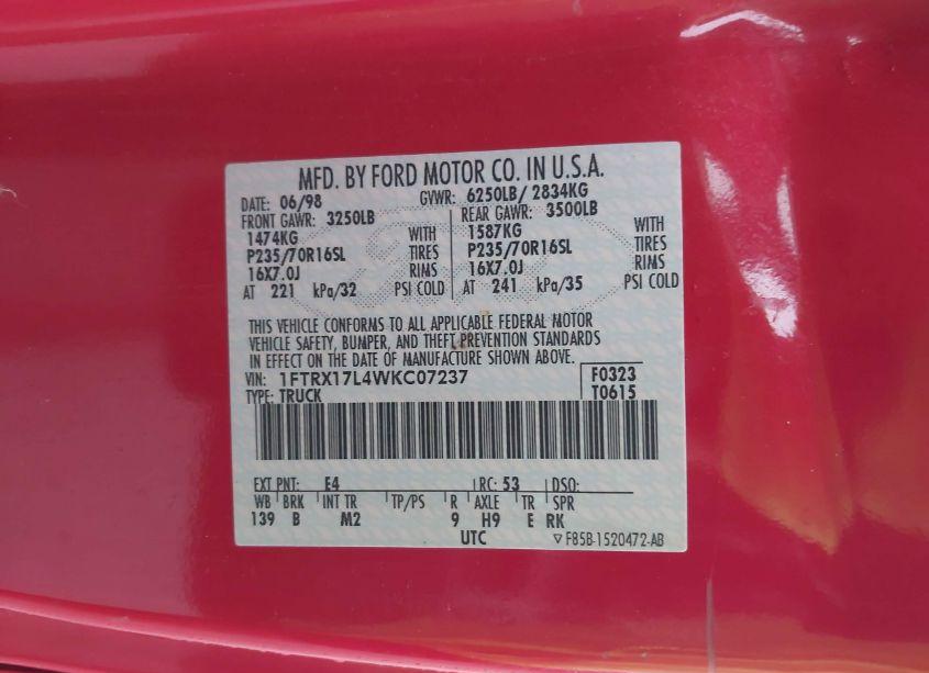 Photo 9 of 1998 Ford F-150 LARIAT/XL/XLT (VIN 1FTRX17L4WKC07237)