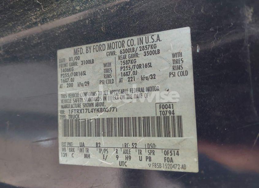 Photo 9 of 2000 Ford F-150 LARIAT/WORK SERIES/XL/XLT (VIN 1FTRX17L4YKB03771)