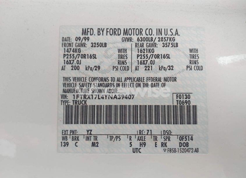 Photo 9 of 2000 Ford F-150 LARIAT/WORK SERIES/XL/XLT (VIN 1FTRX17L4YNA39407)